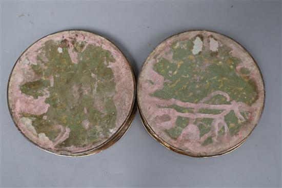 A pair of Continental japanned coasters, diameter 13cm